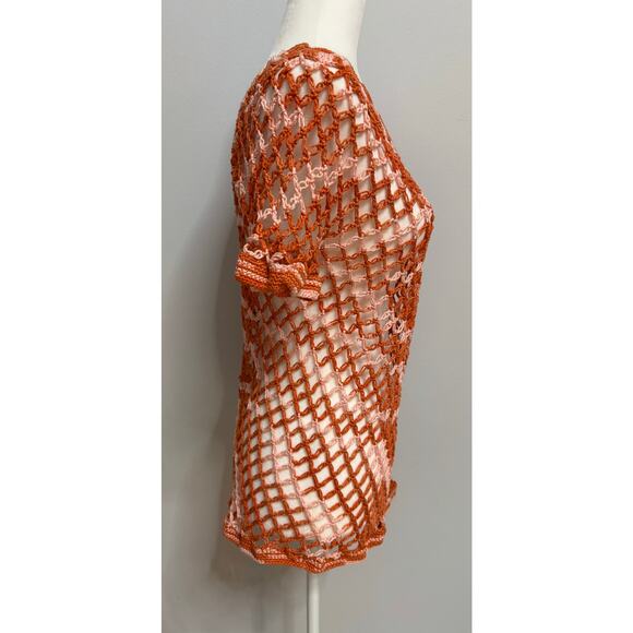 Women Handmade Crochet Orange rust pink Short Sleeves Top Size M off shoulder - Picture 3 of 4